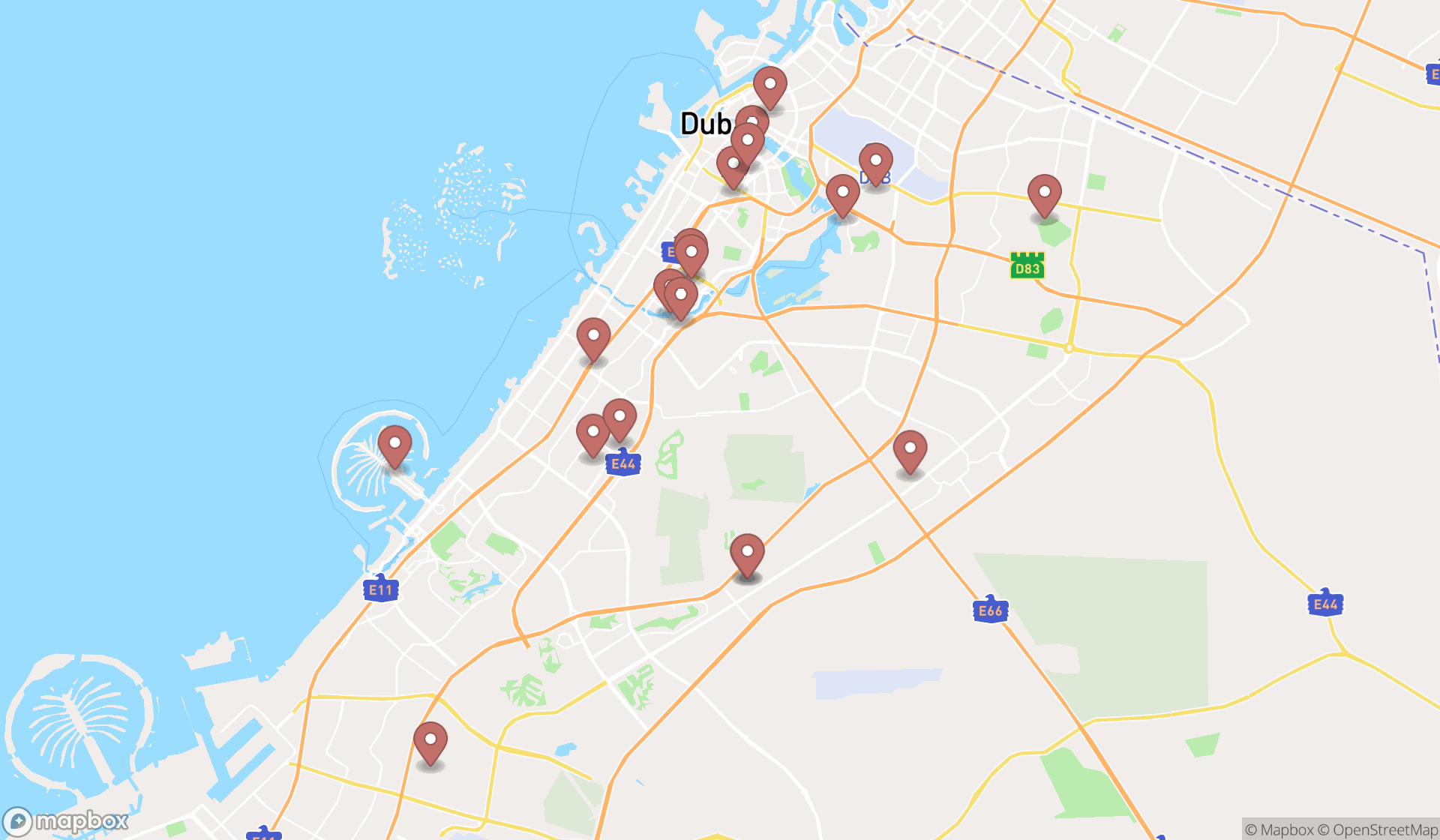 Map showing the search results in Dubai