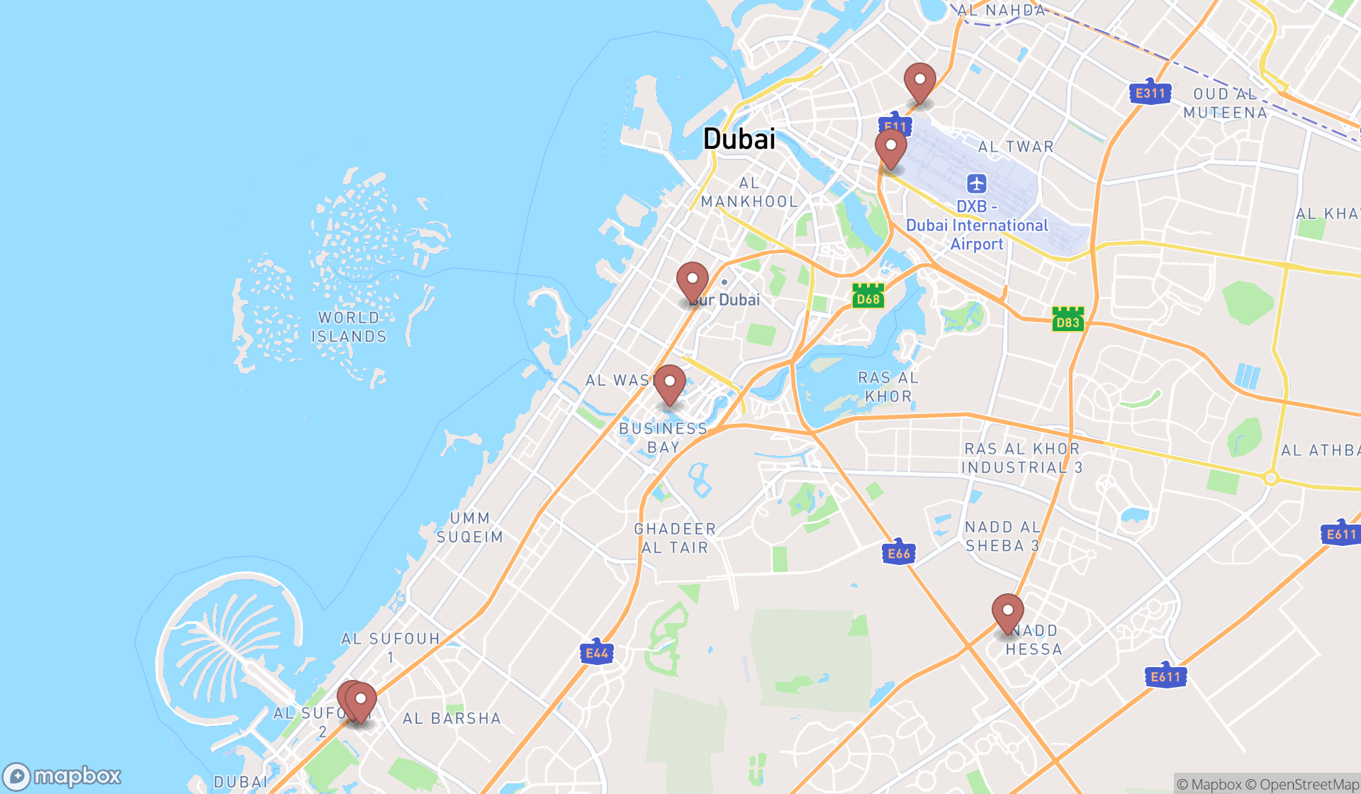 Map showing the search results in Dubai