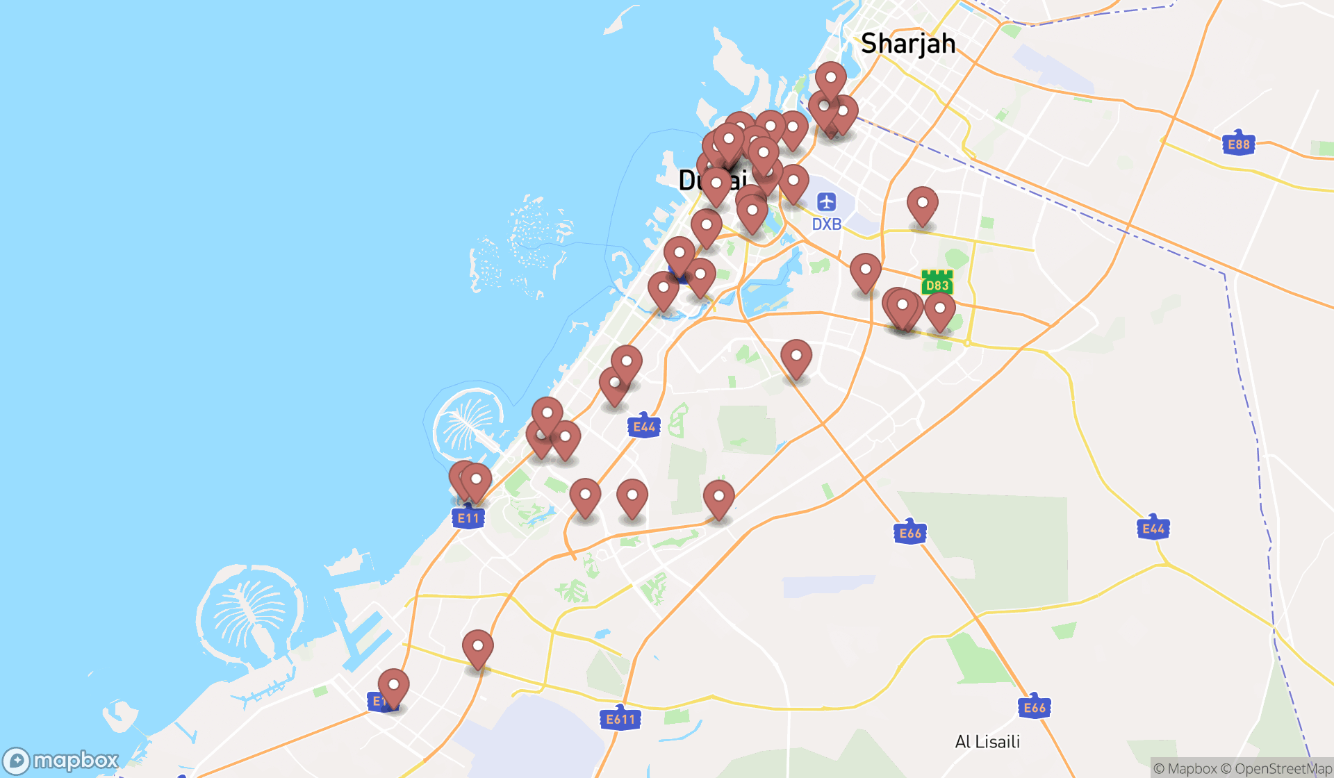 Map showing the search results in Dubai