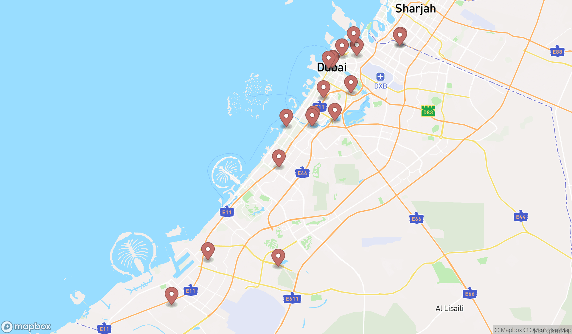 Map showing the search results in Dubai