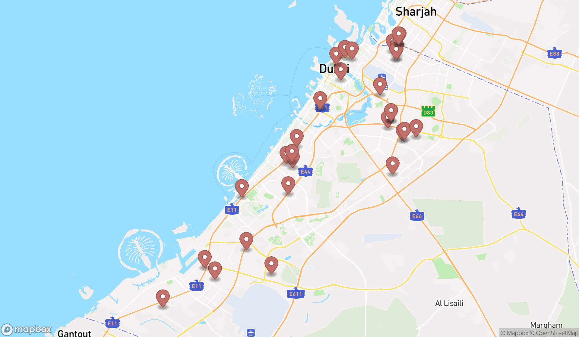 Map showing the search results in Dubai