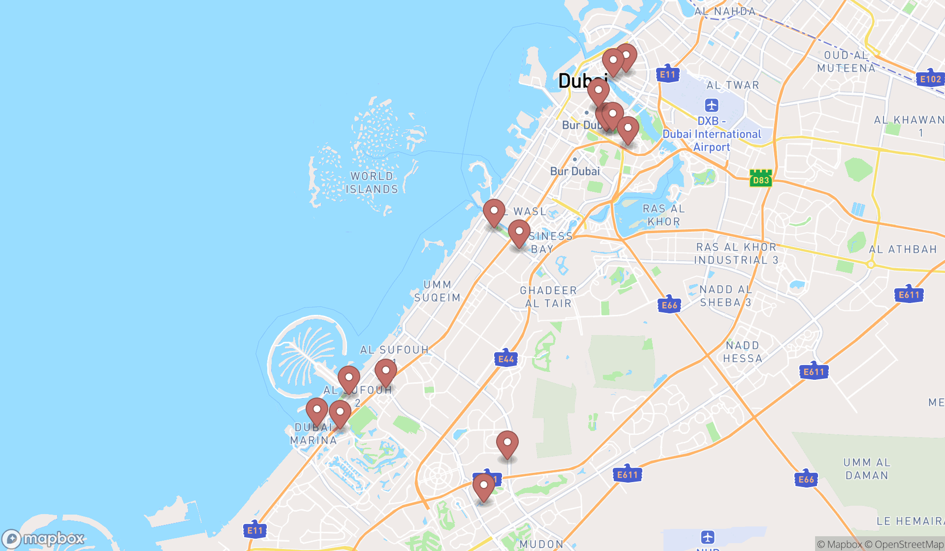 Map showing the search results in Dubai