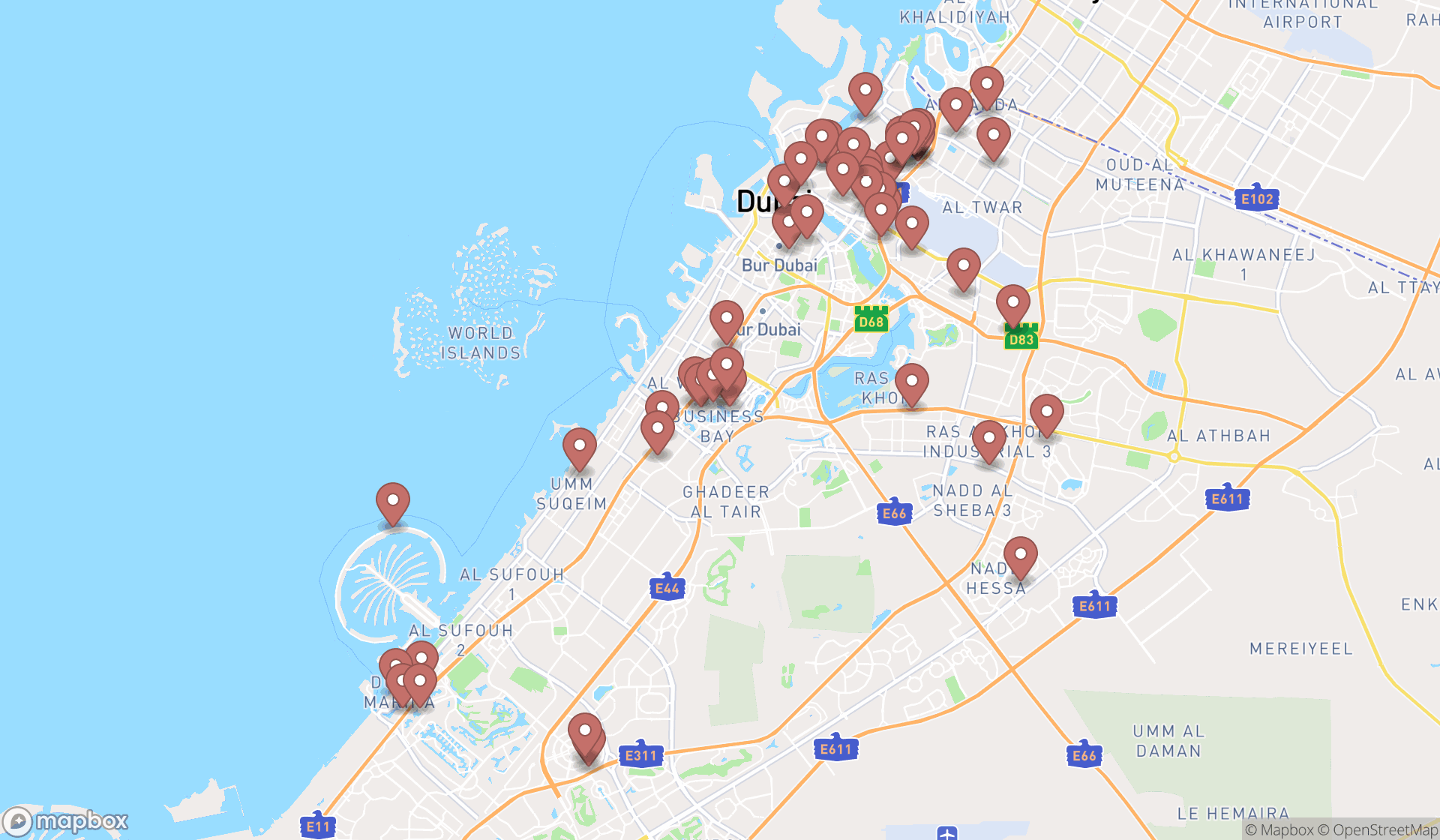 Map showing the search results in Dubai