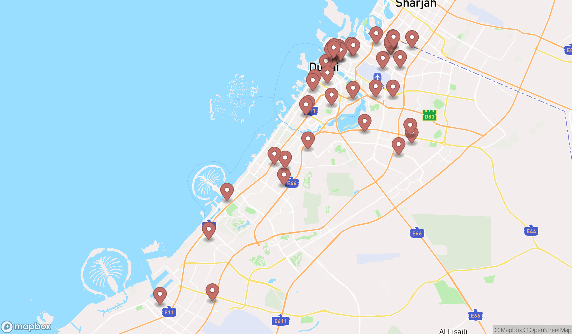Map showing the search results in Dubai