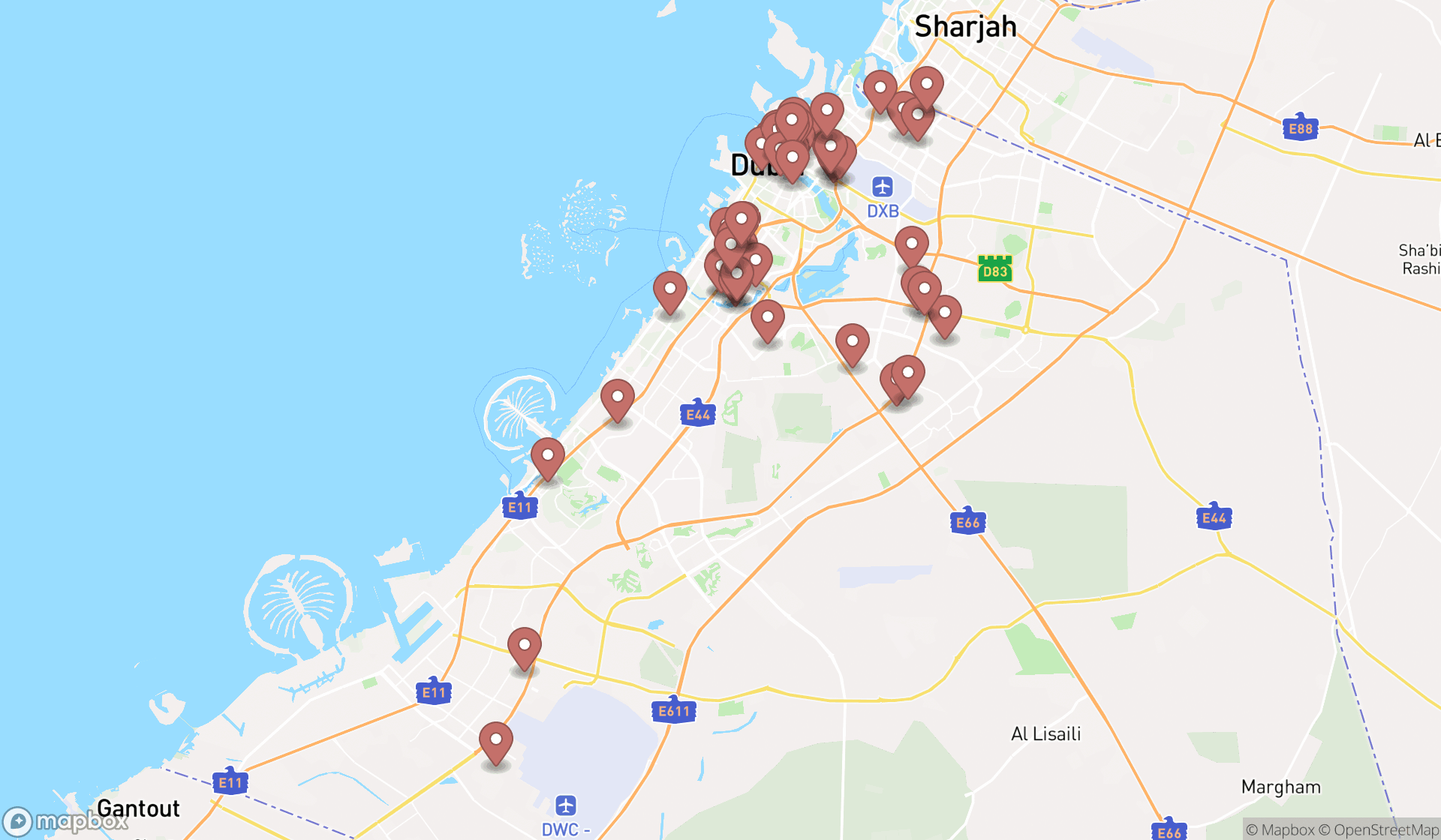 Map showing the search results in Dubai