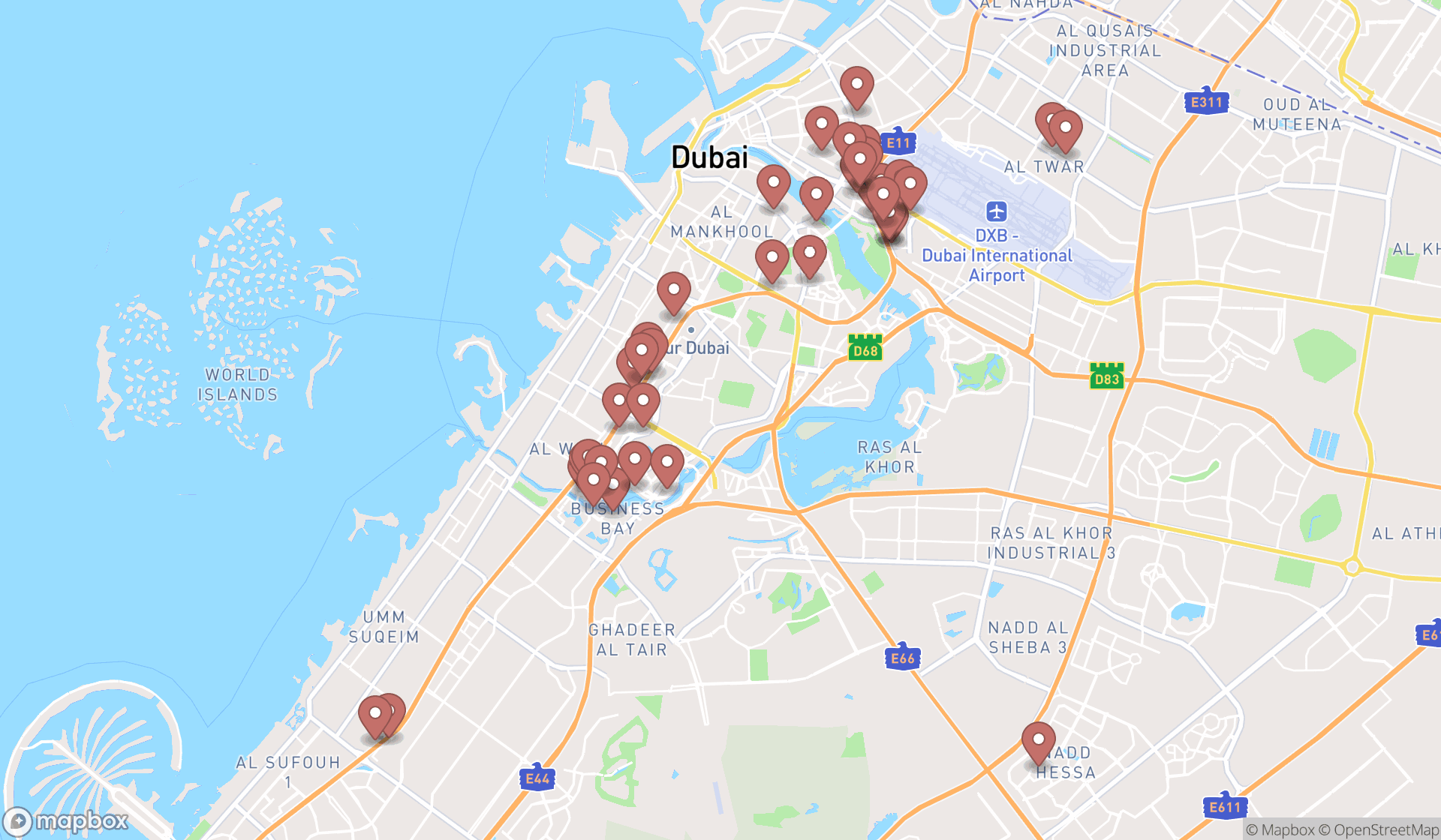 Map showing the search results in Dubai