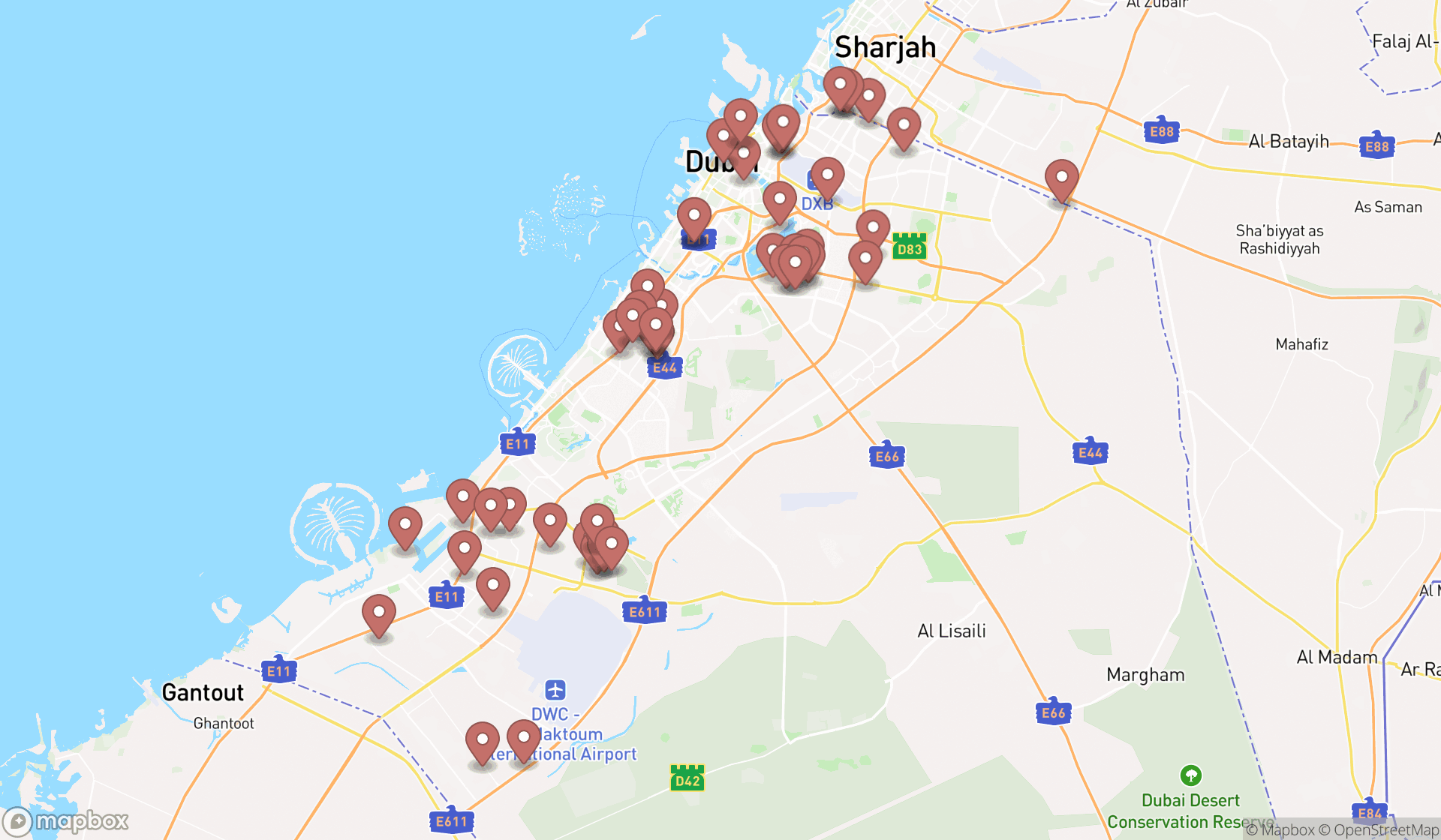 Map showing the search results in Dubai