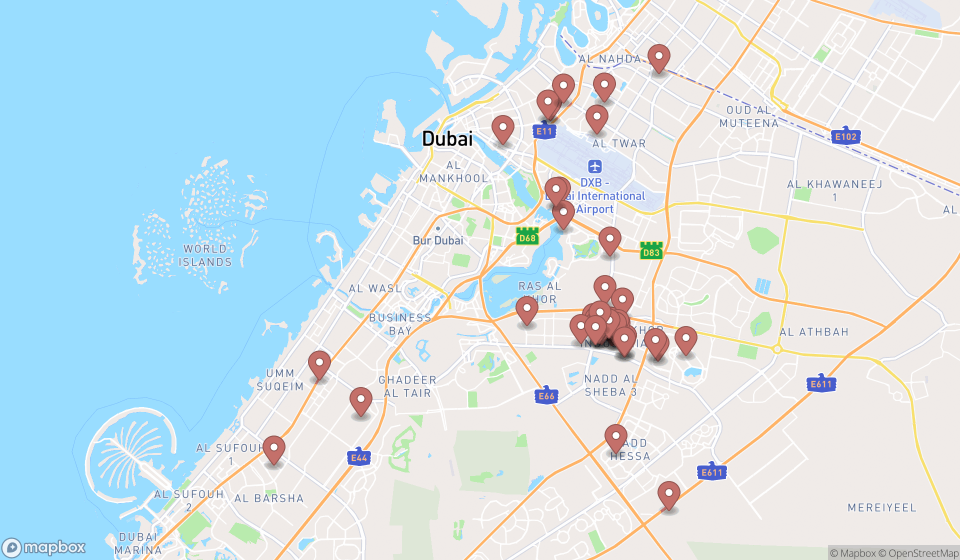 Map showing the search results in Dubai