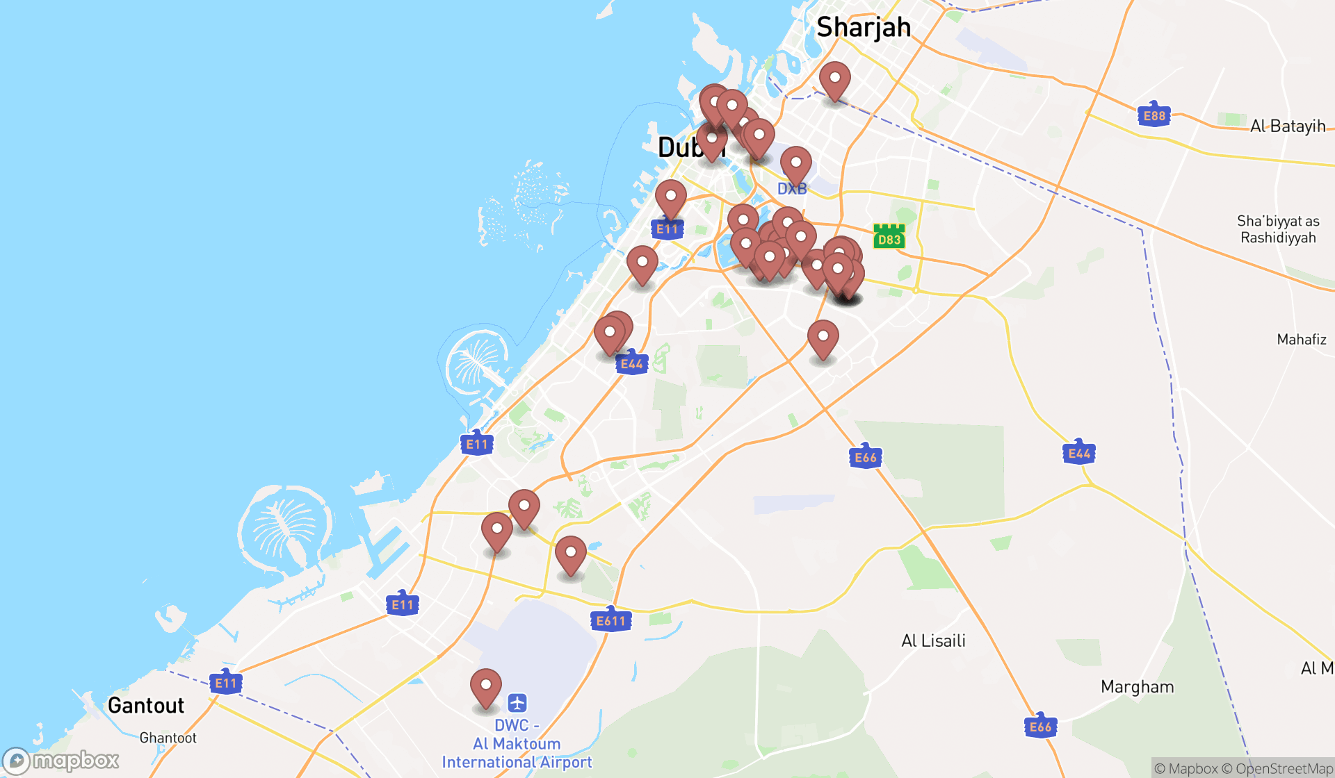 Map showing the search results in Dubai