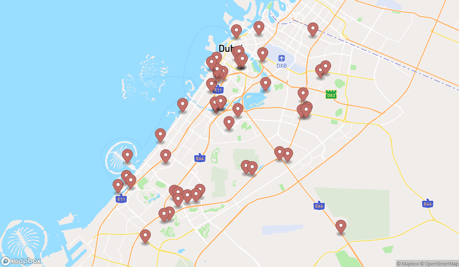 Map showing the search results in Dubai