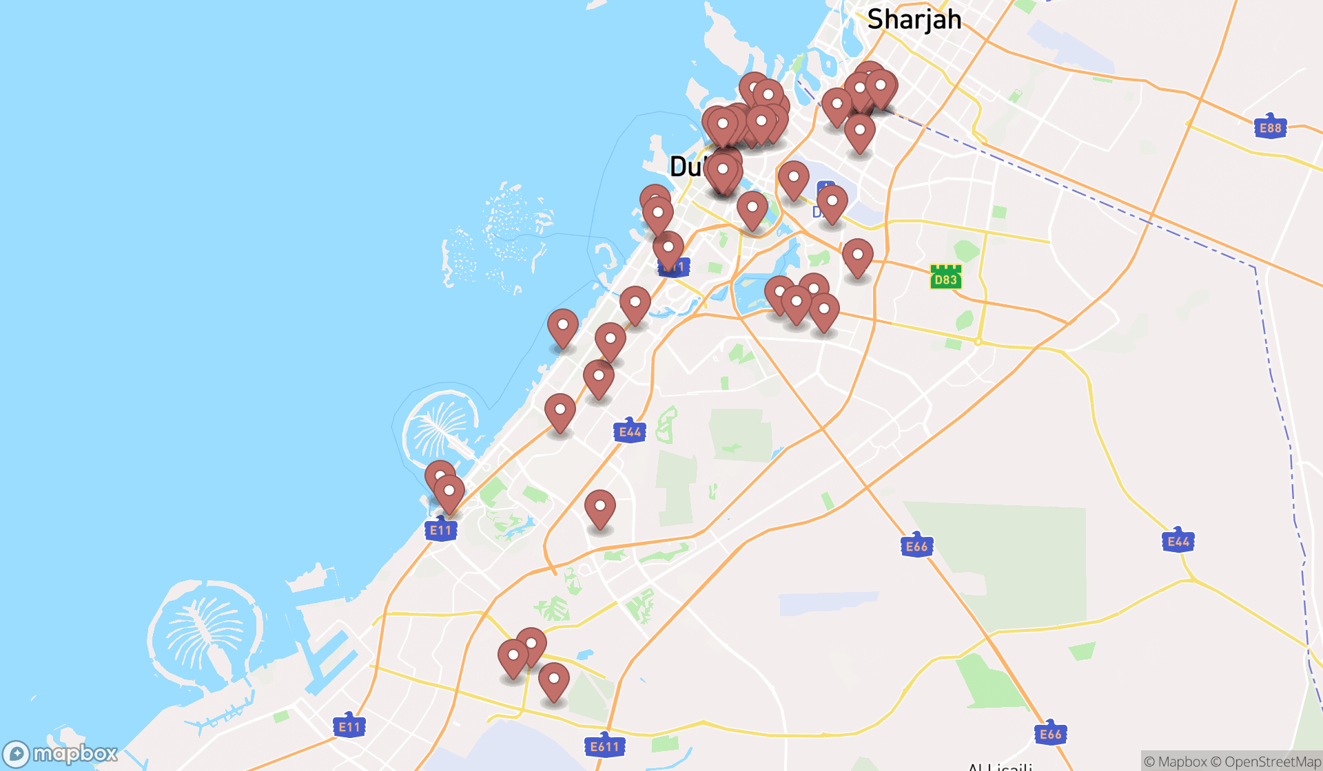 Map showing the search results in Dubai