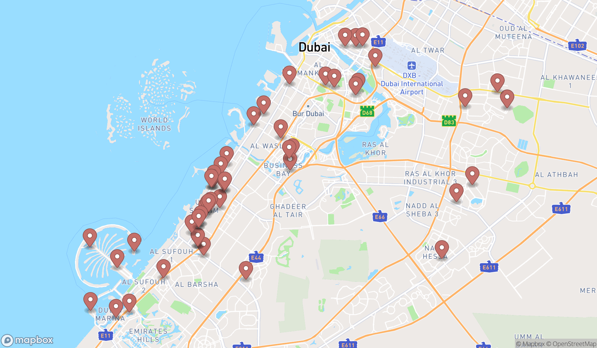 Map showing the search results in Dubai