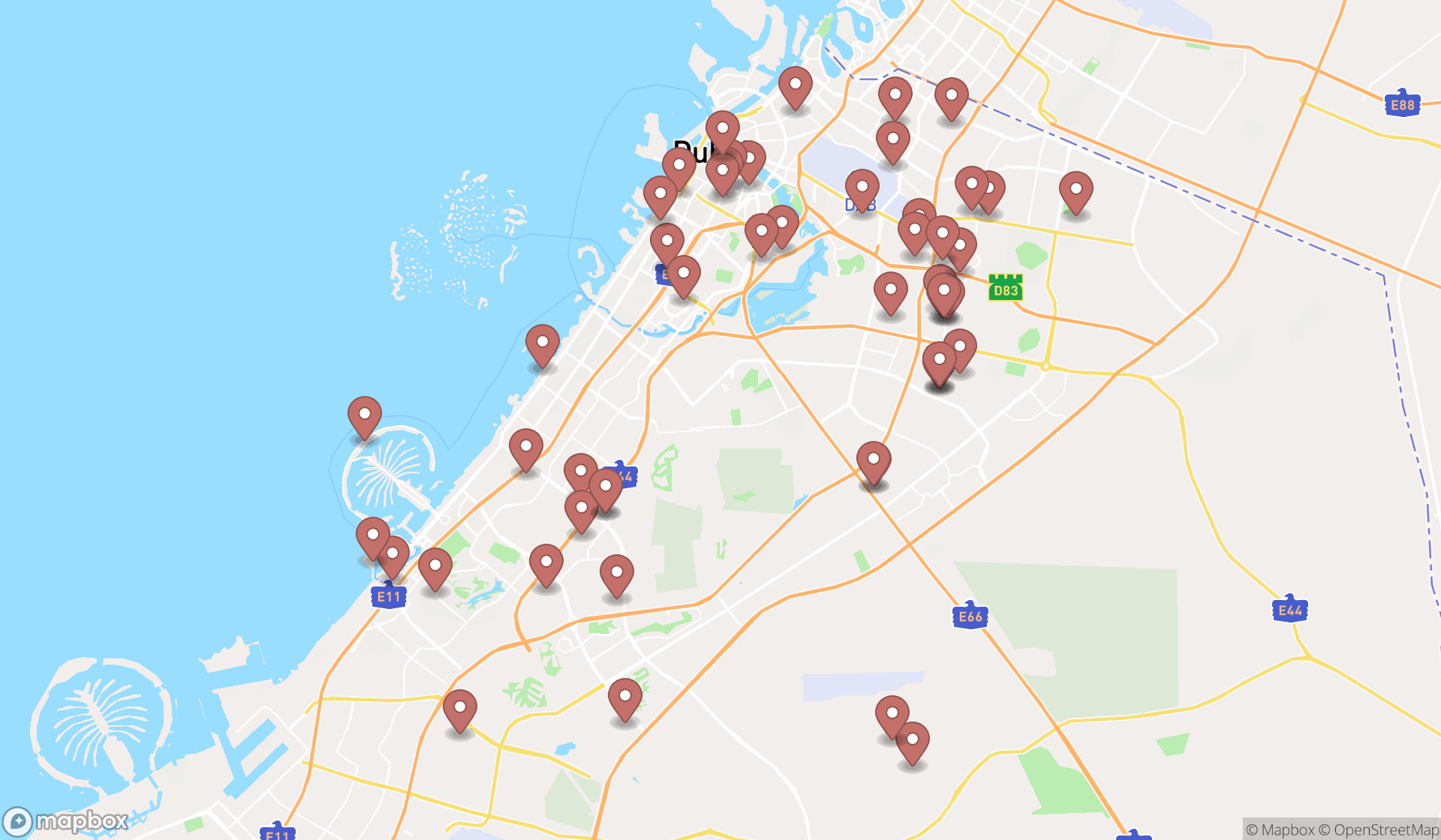 Map showing the search results in Dubai