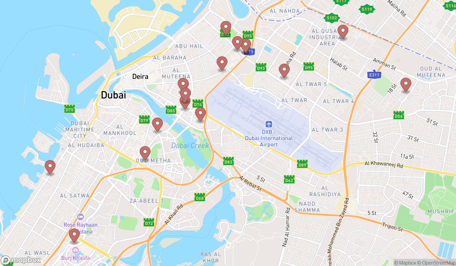 Map showing the search results in Dubai