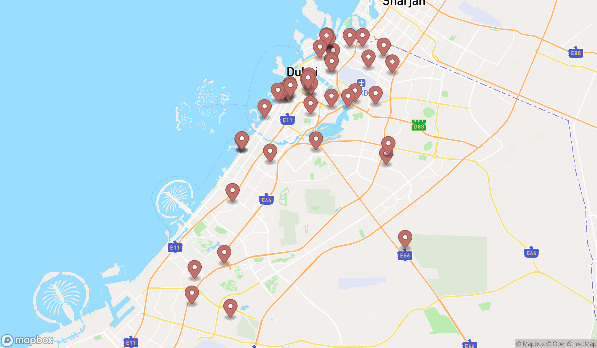 Map showing the search results in Dubai