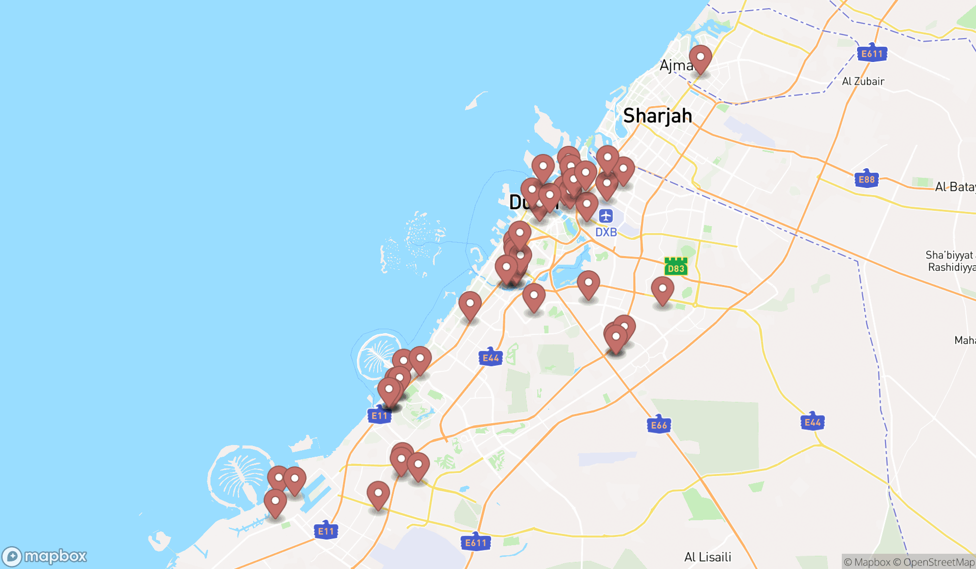 Map showing the search results in Dubai
