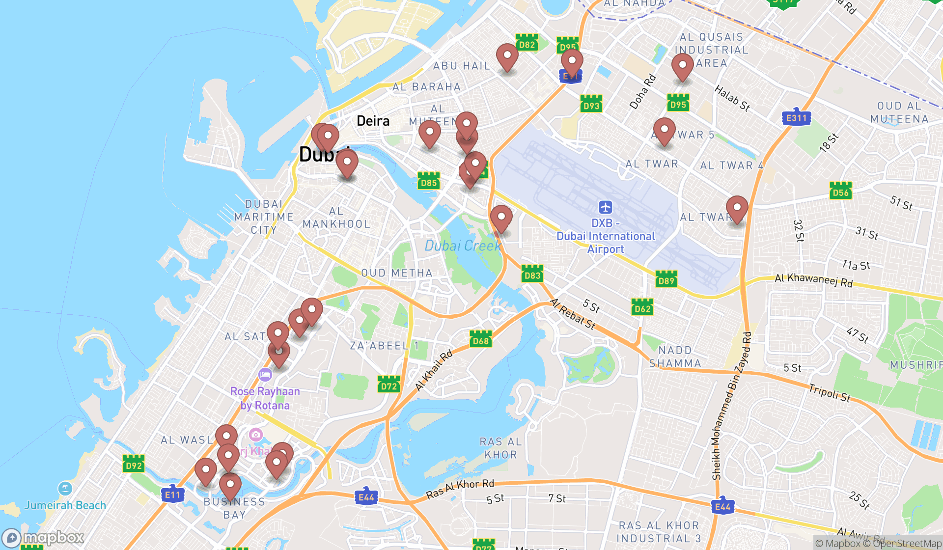 Map showing the search results in Dubai