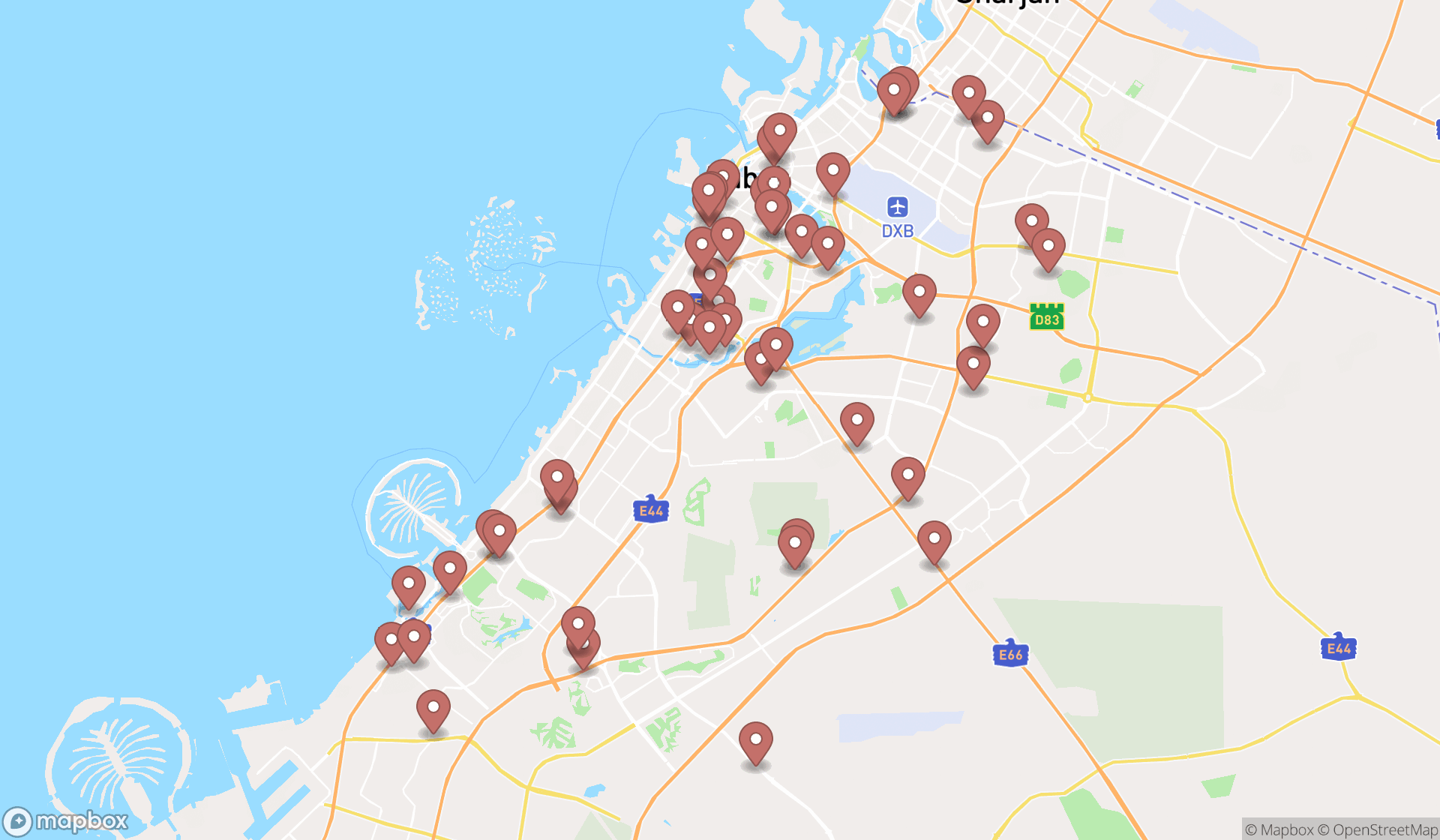Map showing the search results in Dubai