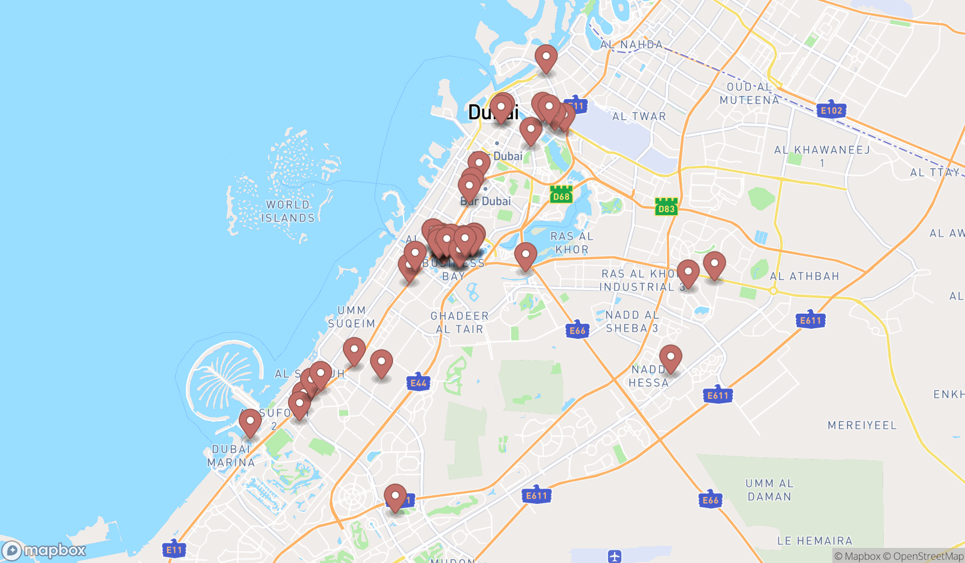 Map showing the search results in Dubai