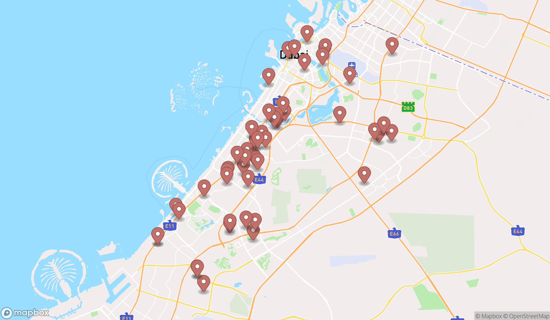 Map showing the search results in Dubai