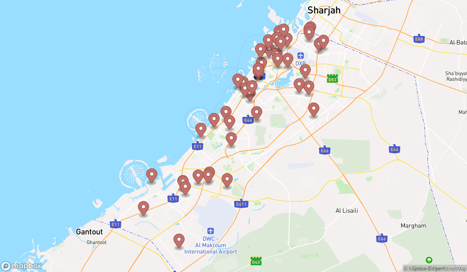 Map showing the search results in Dubai