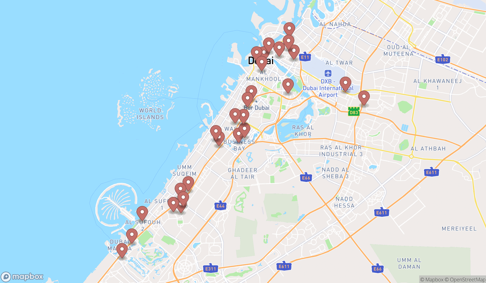 Map showing the search results in Dubai