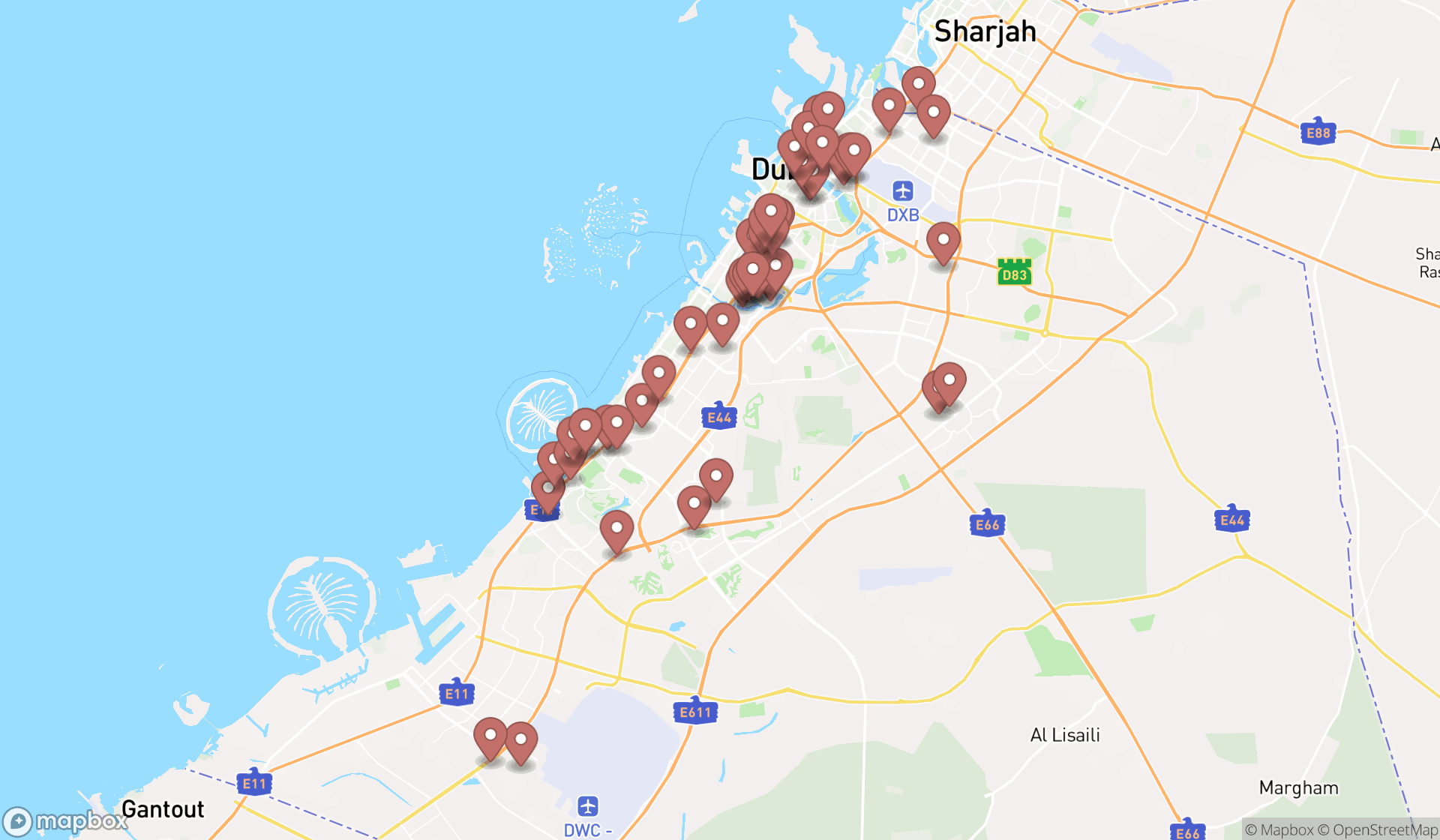 Map showing the search results in Dubai