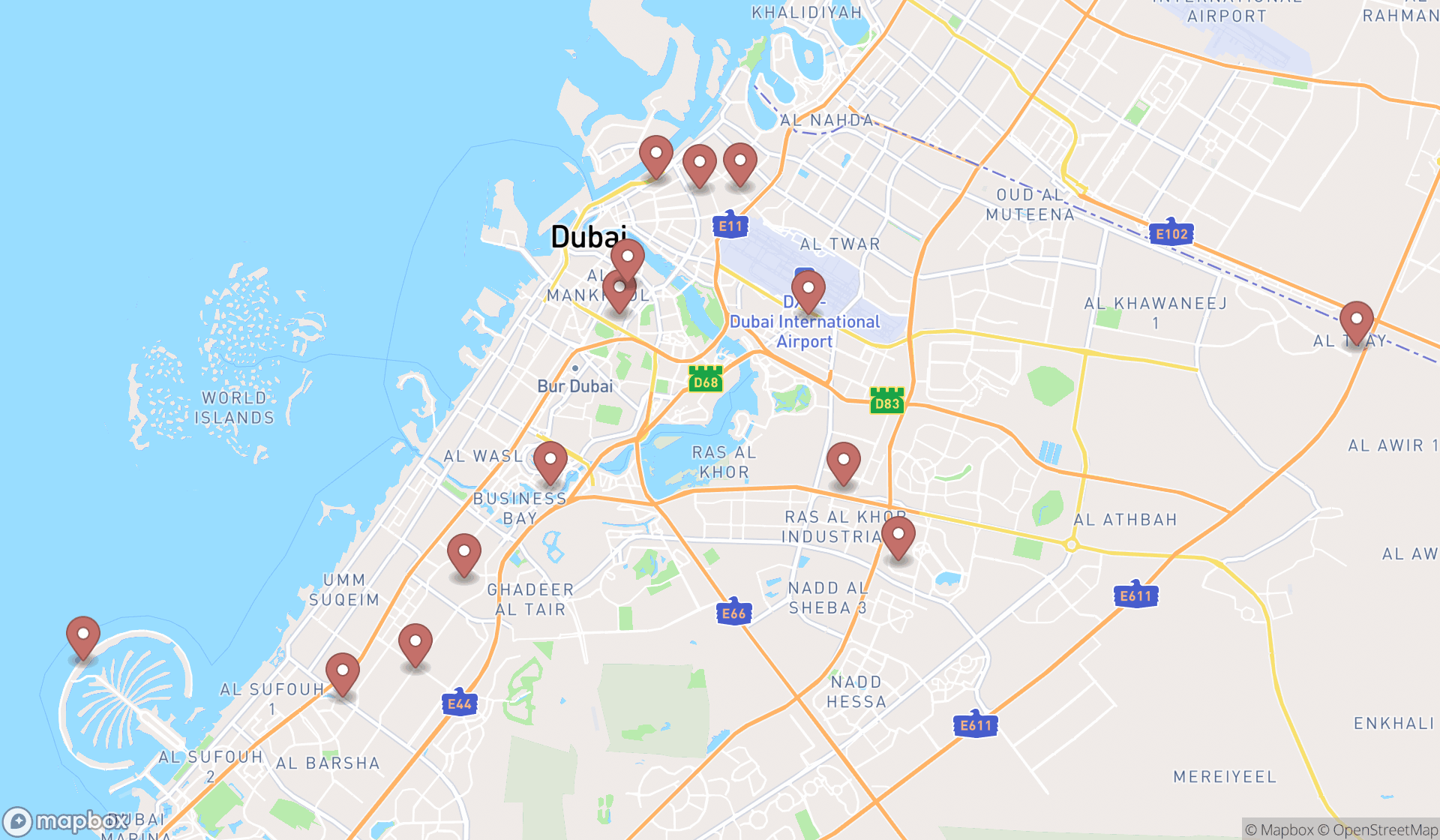 Map showing the search results in Dubai