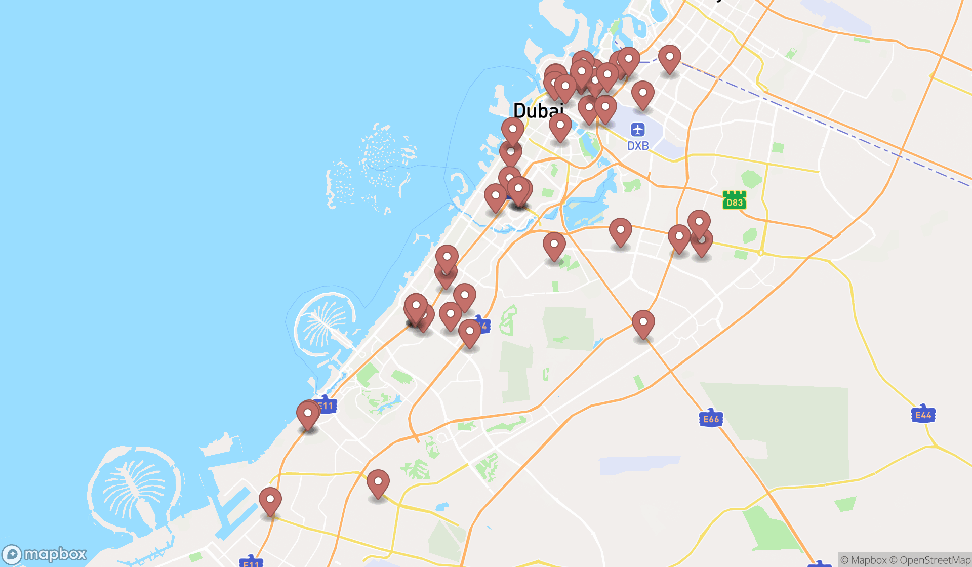 Map showing the search results in Dubai