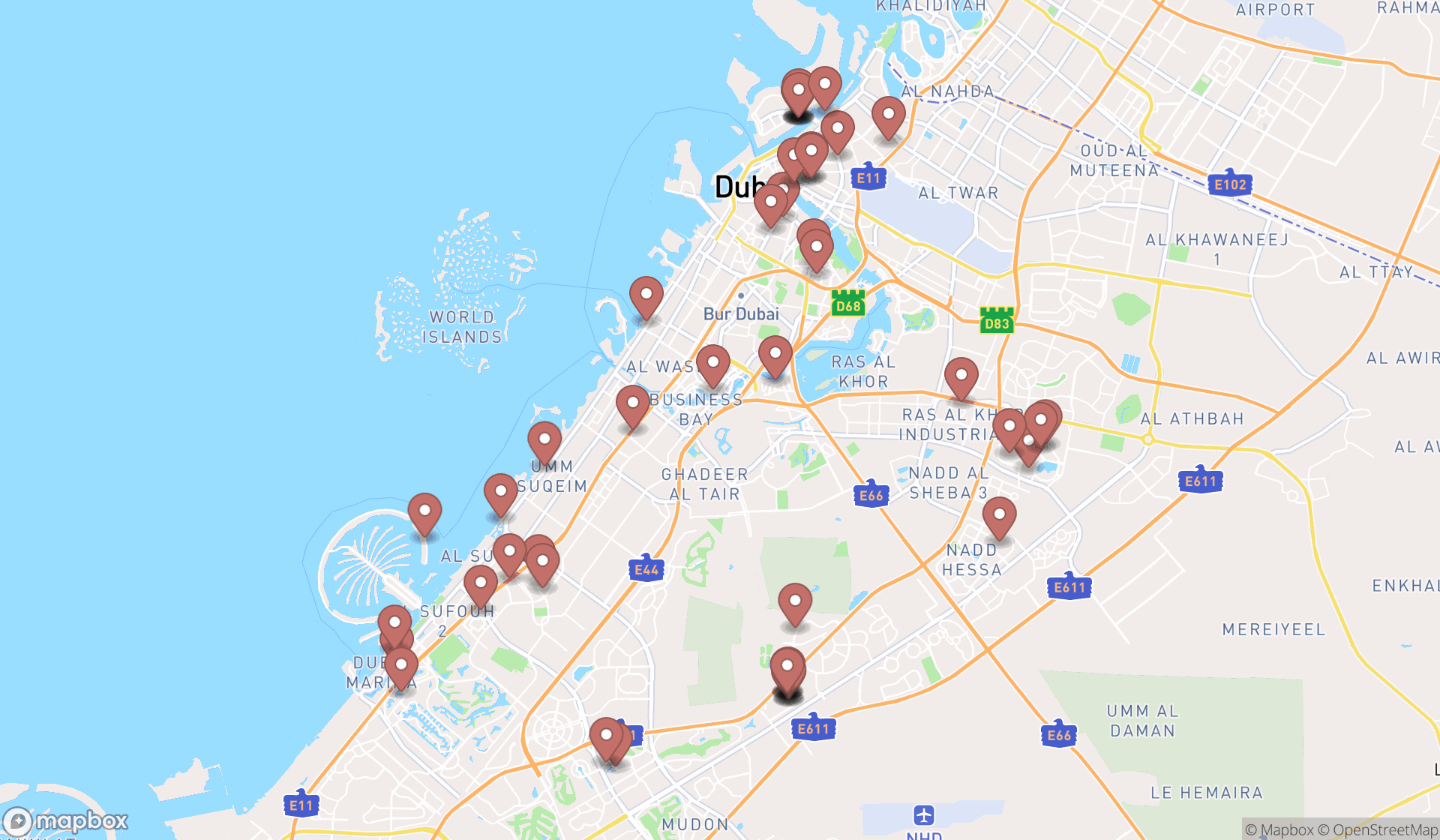 Map showing the search results in Dubai