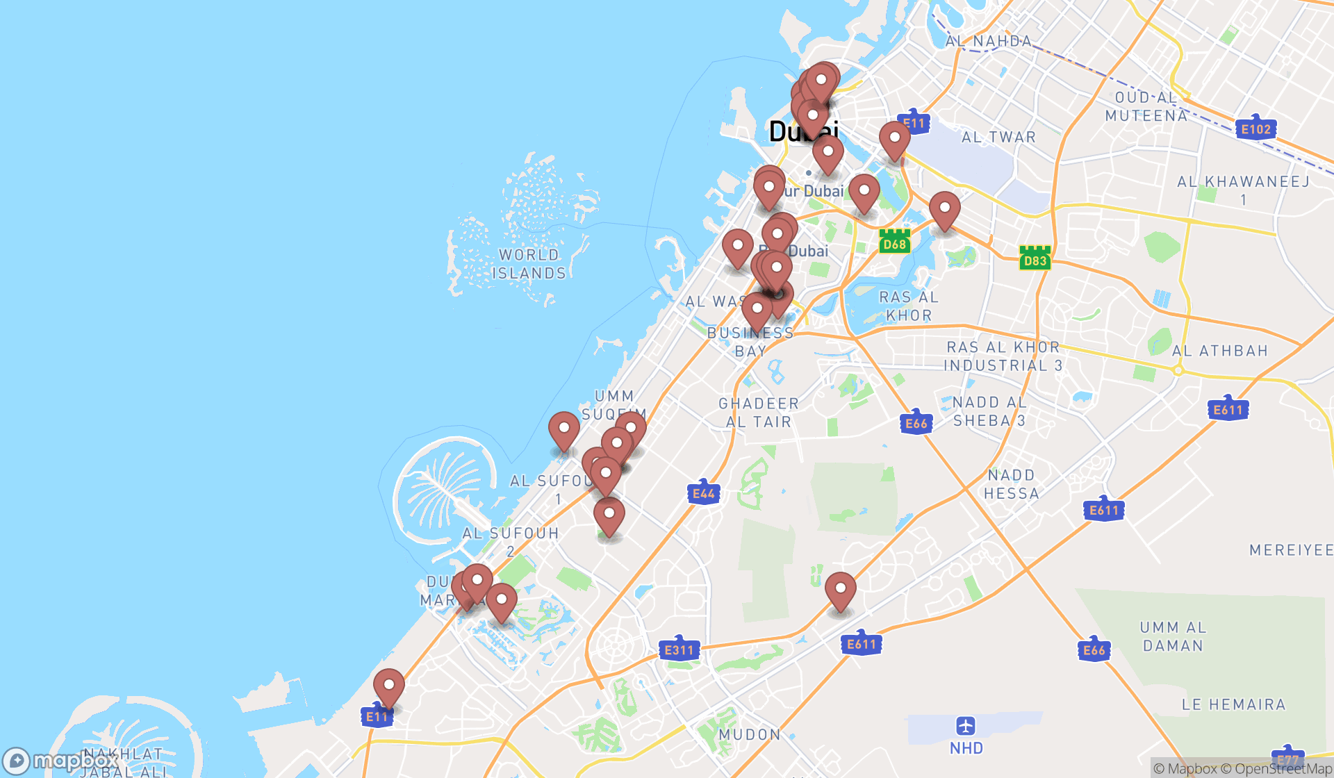 Map showing the search results in Dubai