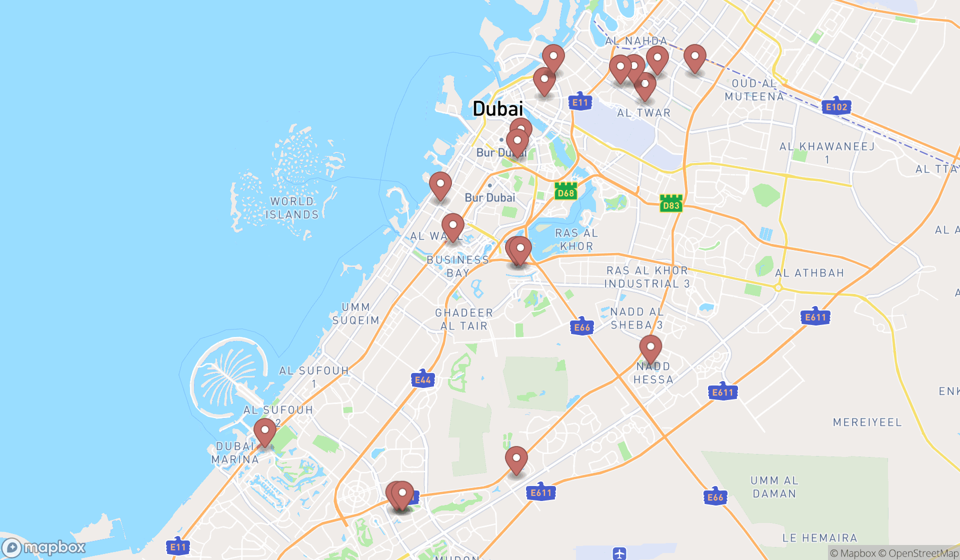 Map showing the search results in Dubai