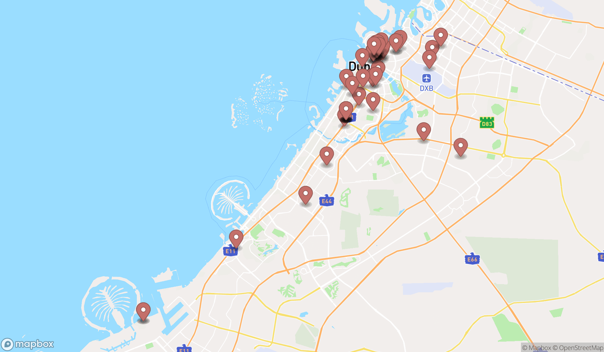Map showing the search results in Dubai
