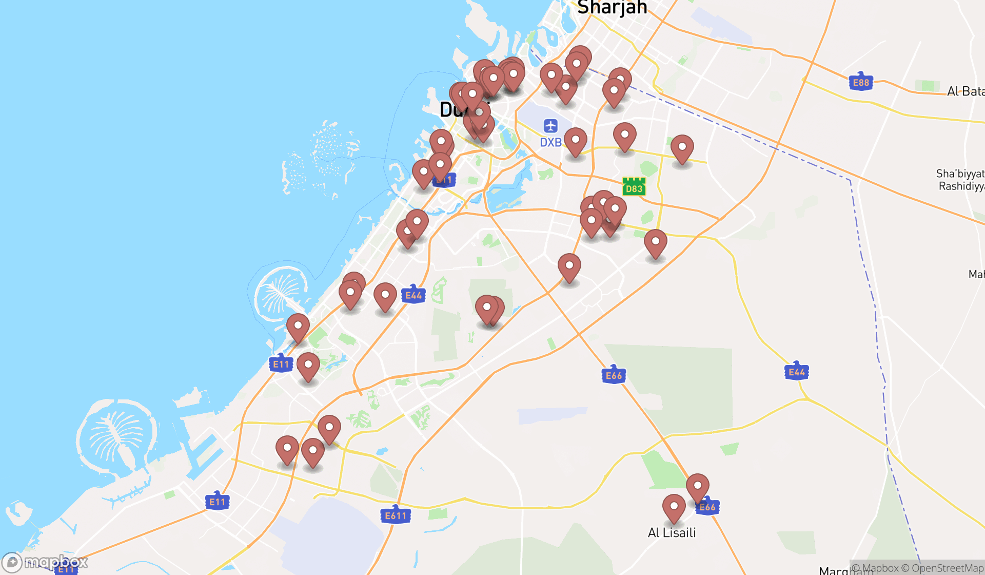 Map showing the search results in Dubai