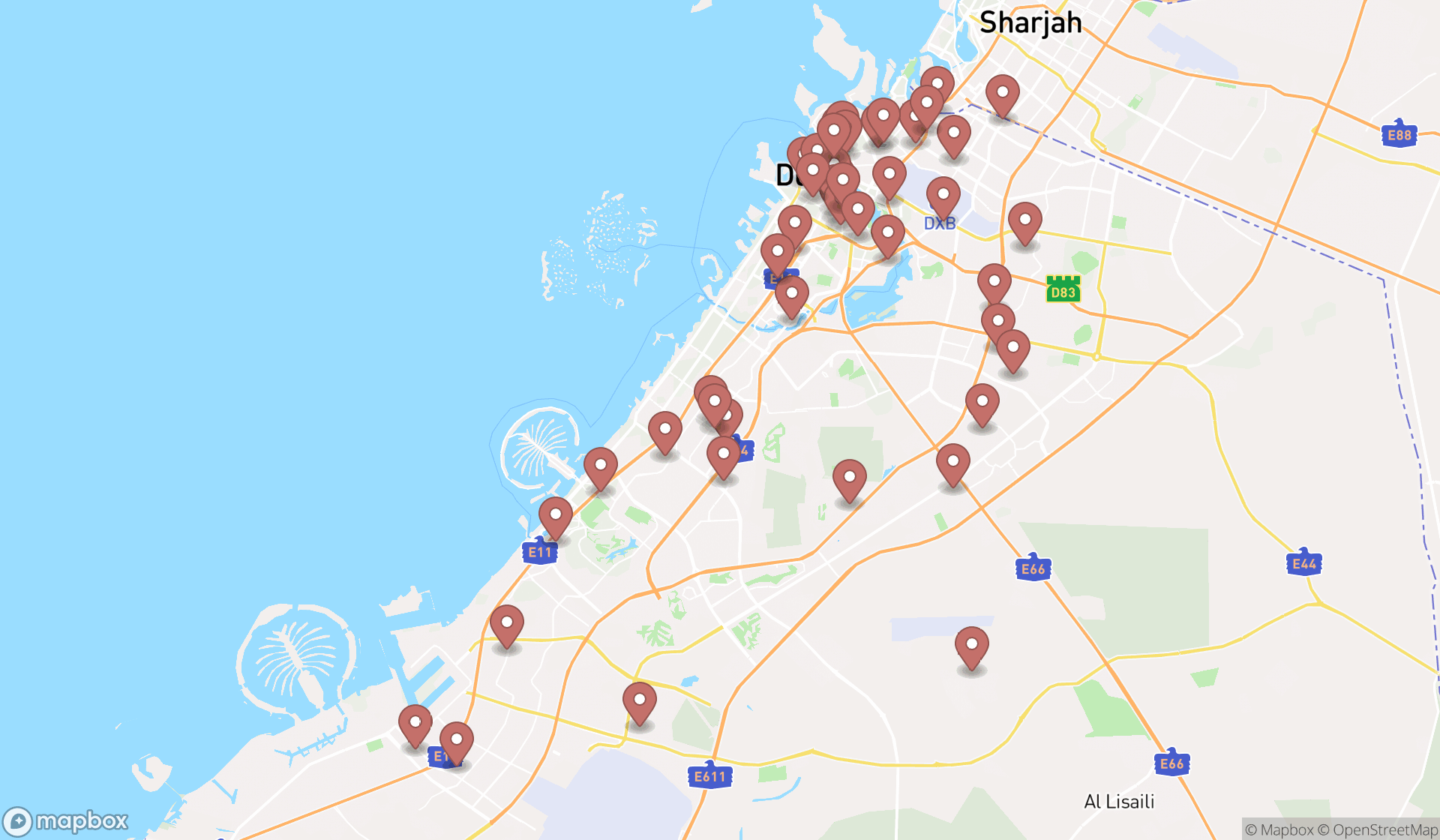 Map showing the search results in Dubai