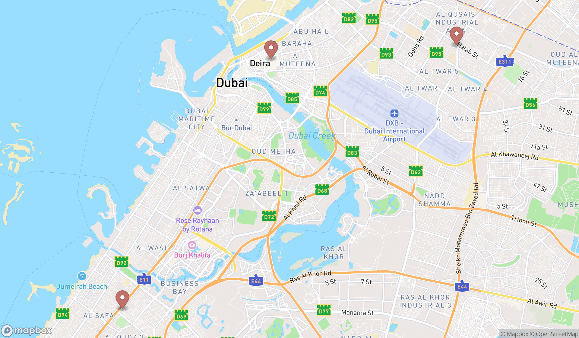 Map showing the search results in Dubai