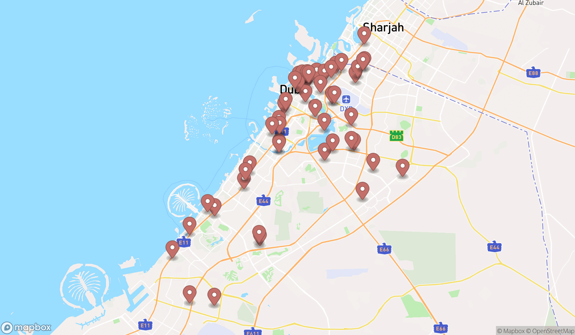 Map showing the search results in Dubai