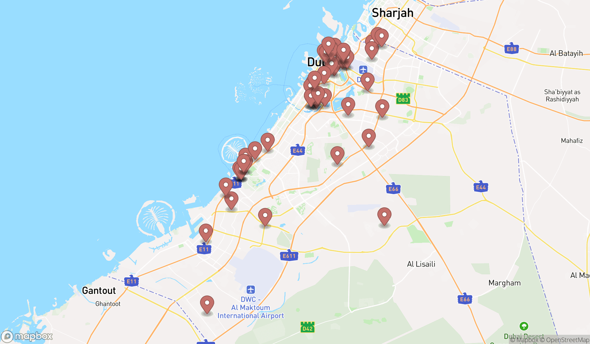 Map showing the search results in Dubai