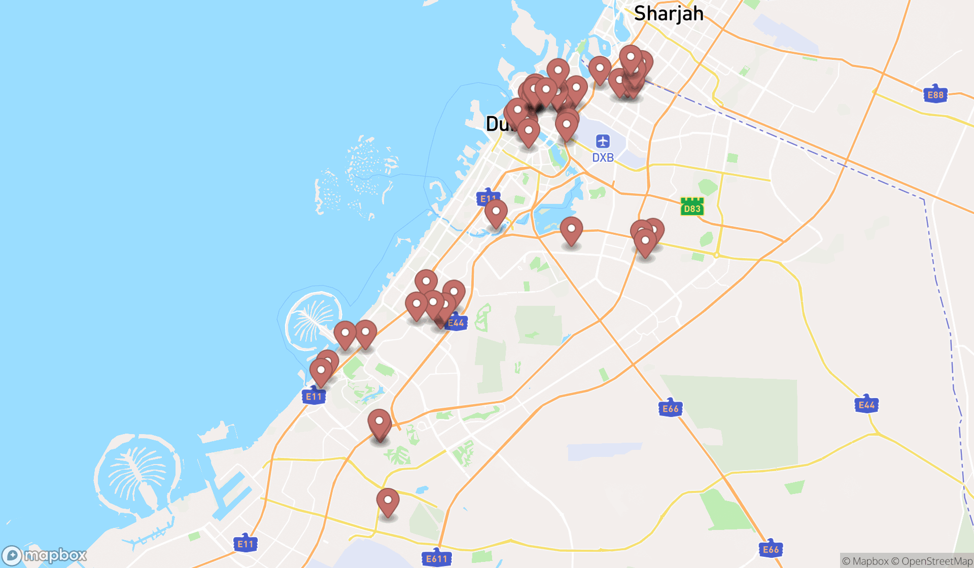 Map showing the search results in Dubai
