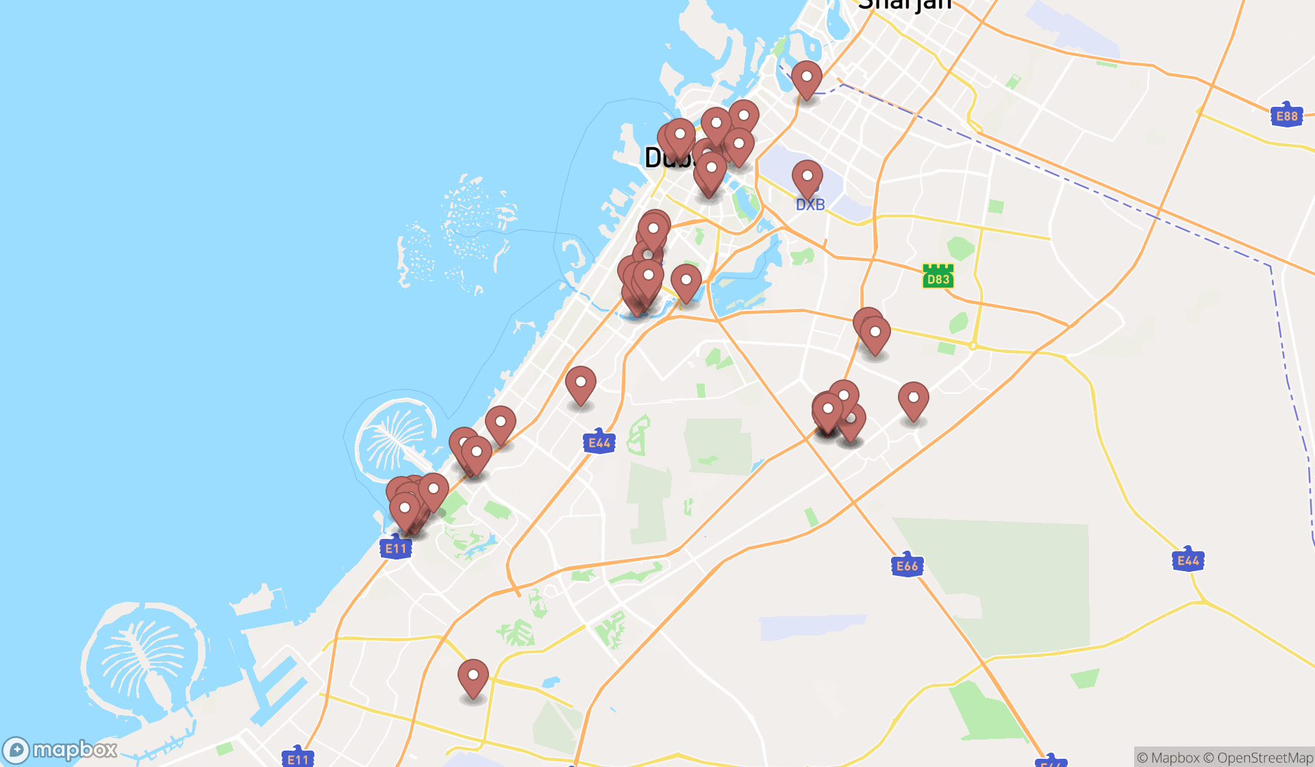 Map showing the search results in Dubai