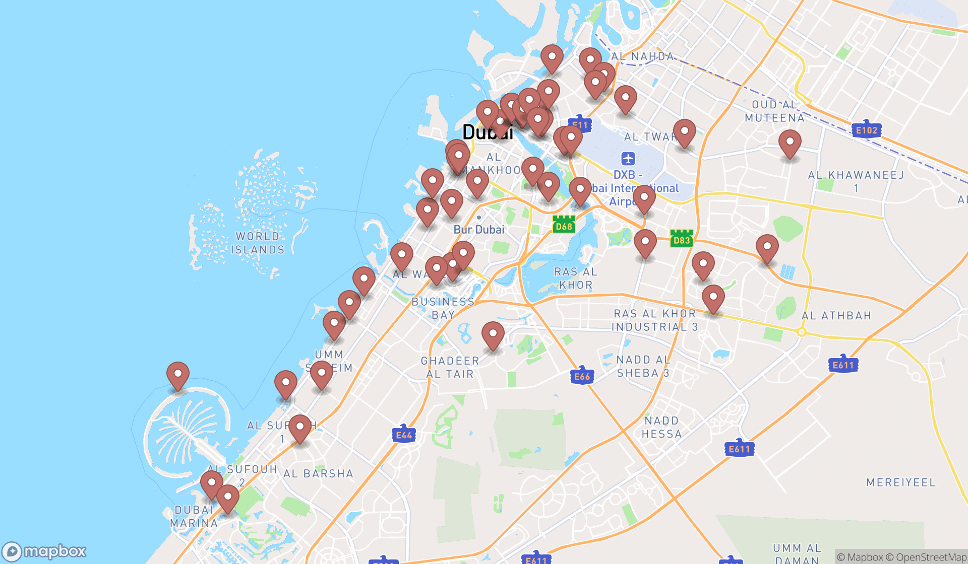 Map showing the search results in Dubai