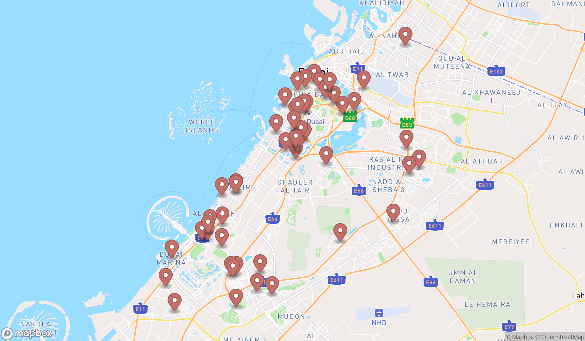 Map showing the search results in Dubai
