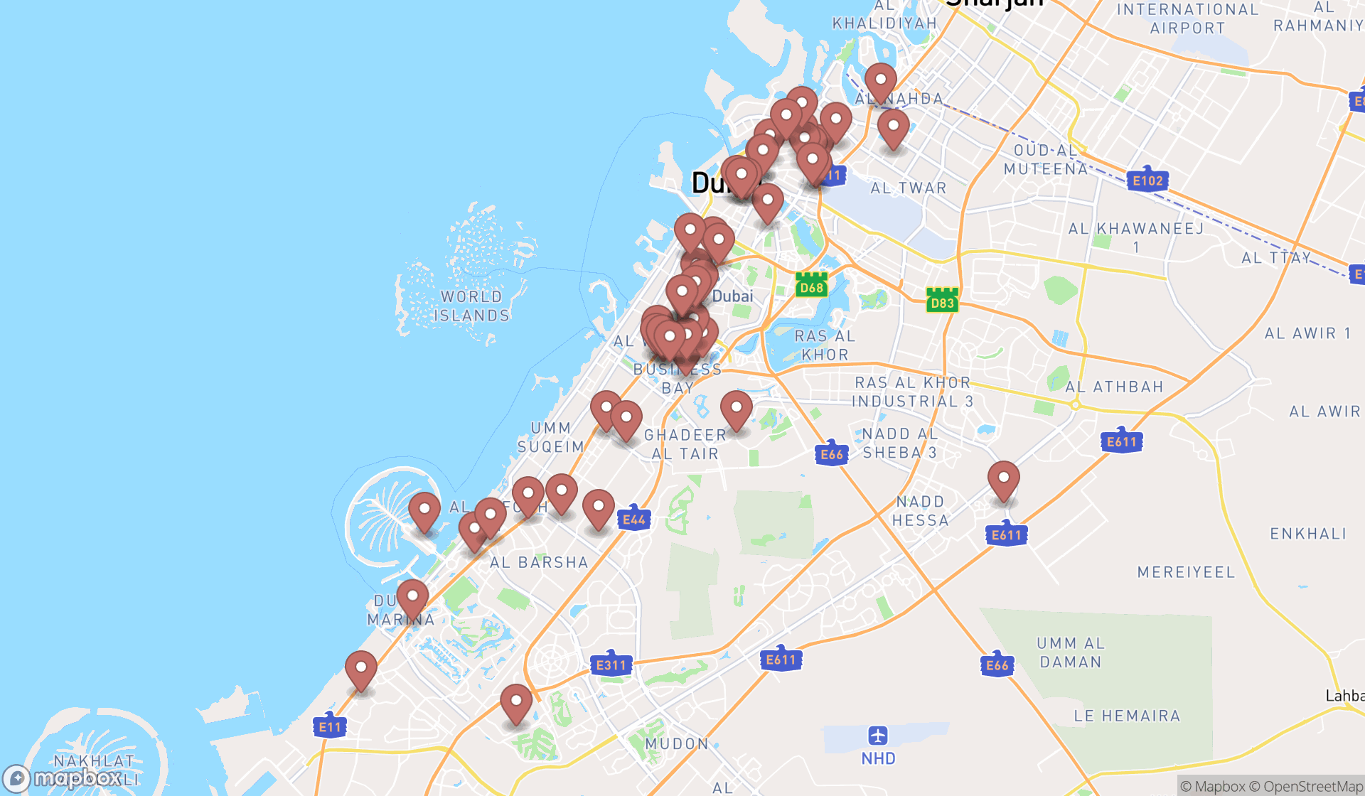 Map showing the search results in Dubai