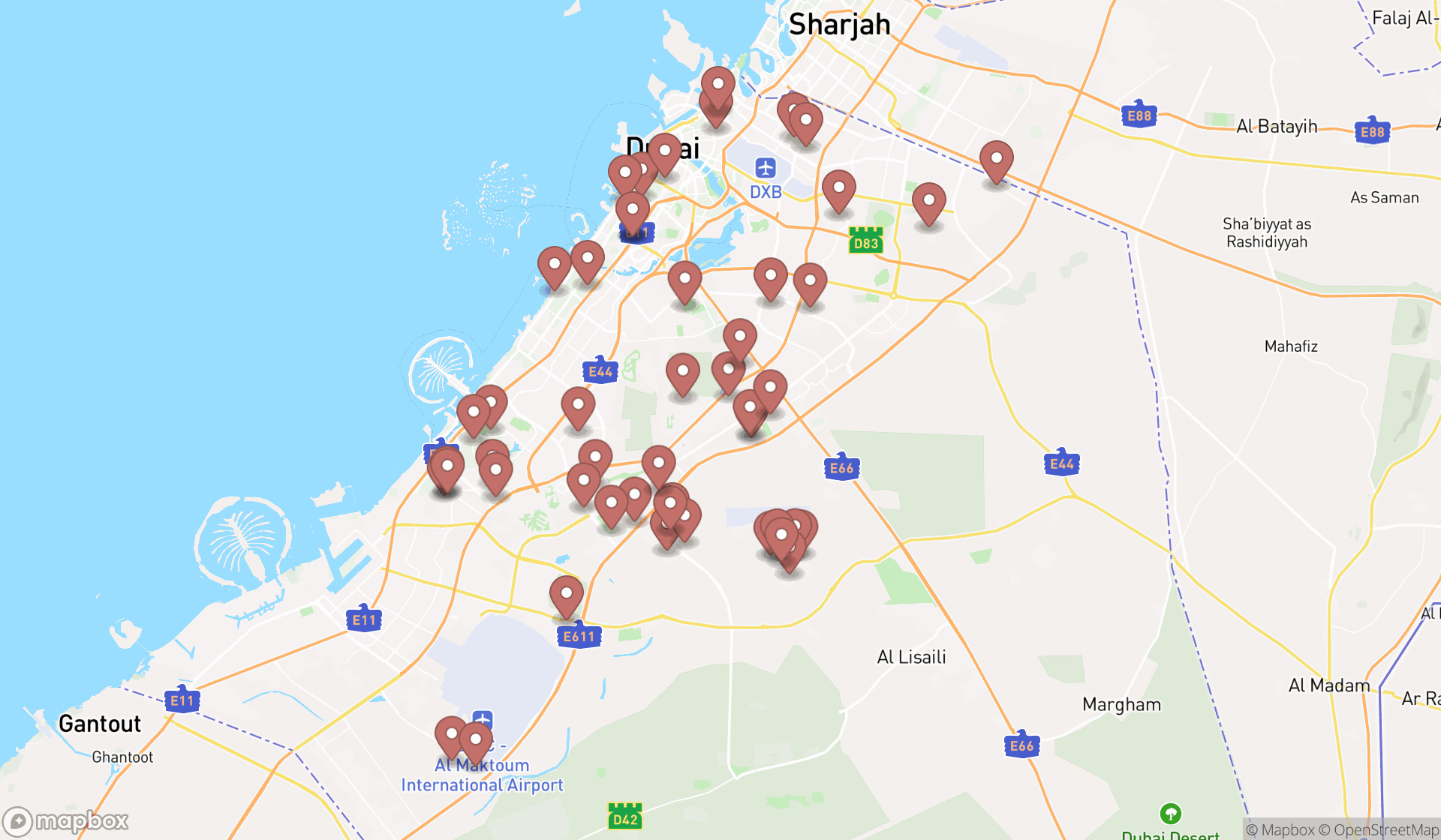Map showing the search results in Dubai