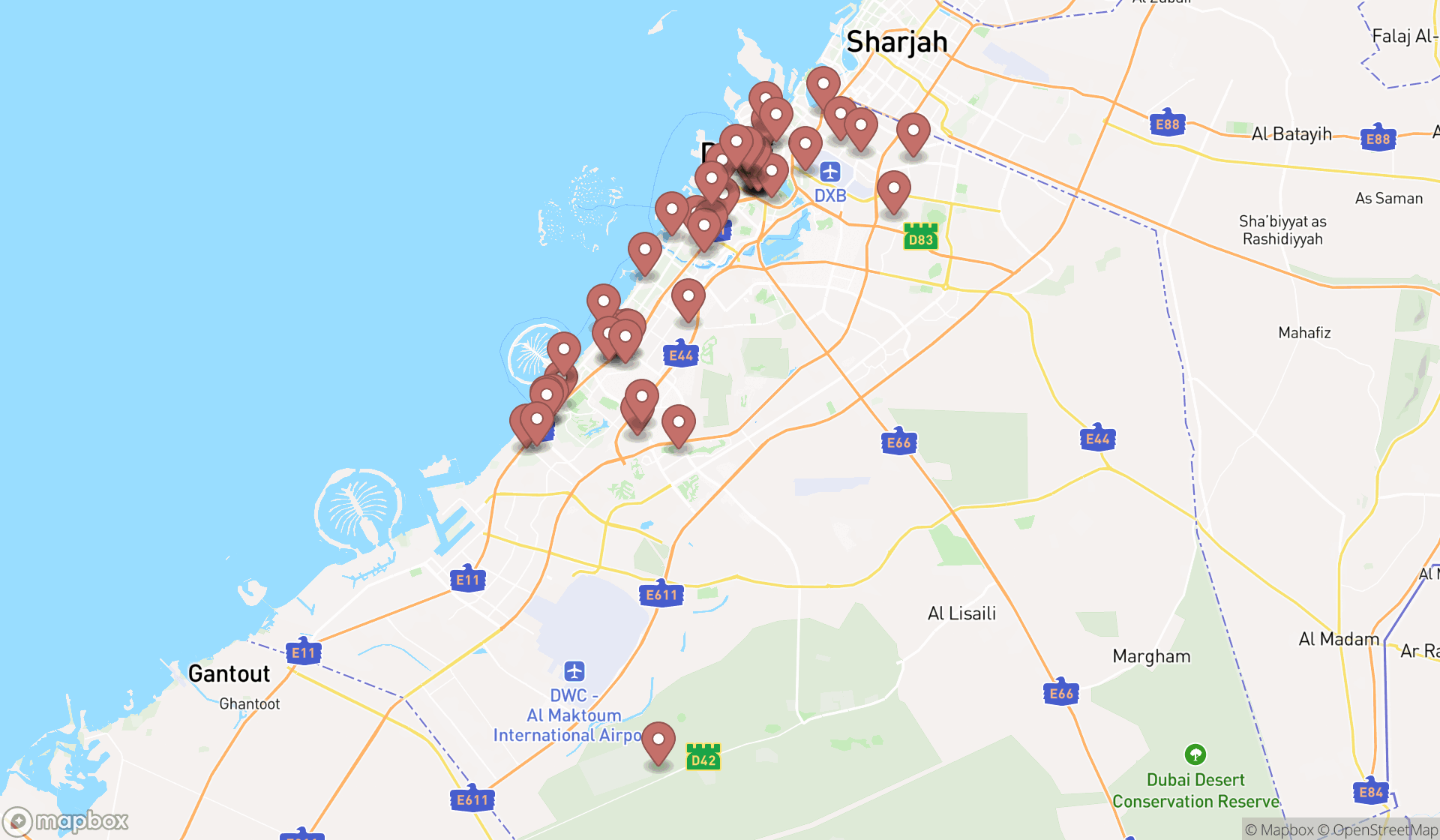 Map showing the search results in Dubai