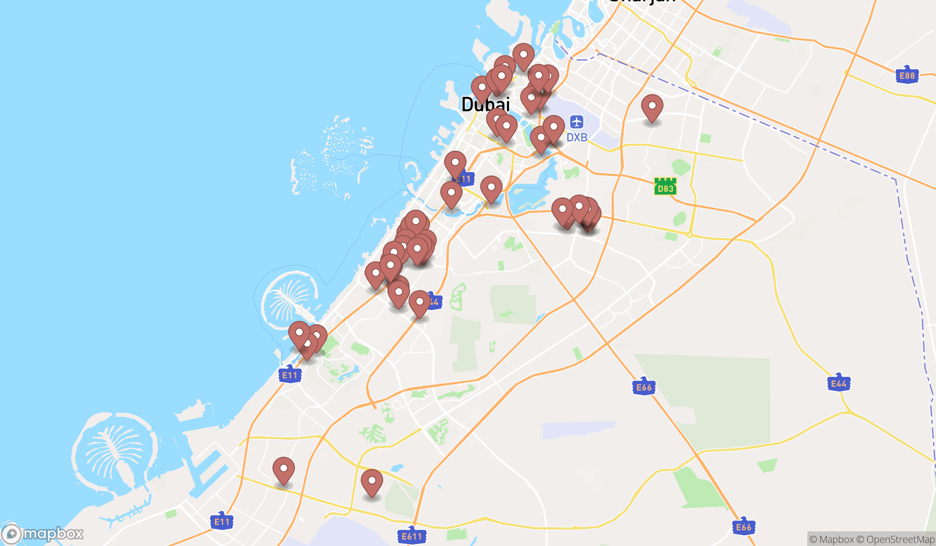 Map showing the search results in Dubai