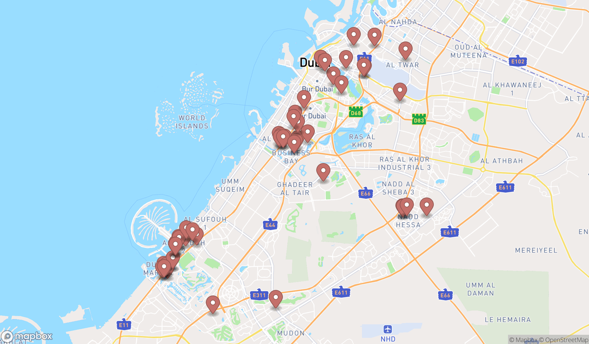 Map showing the search results in Dubai