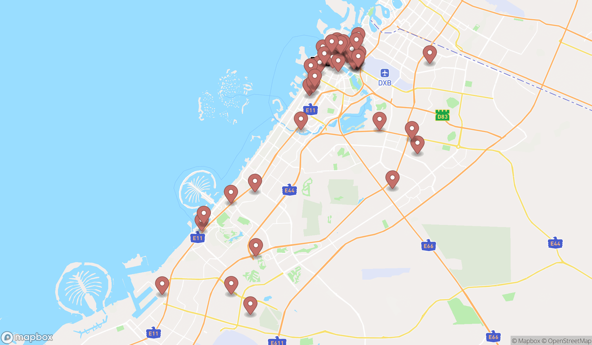 Map showing the search results in Dubai