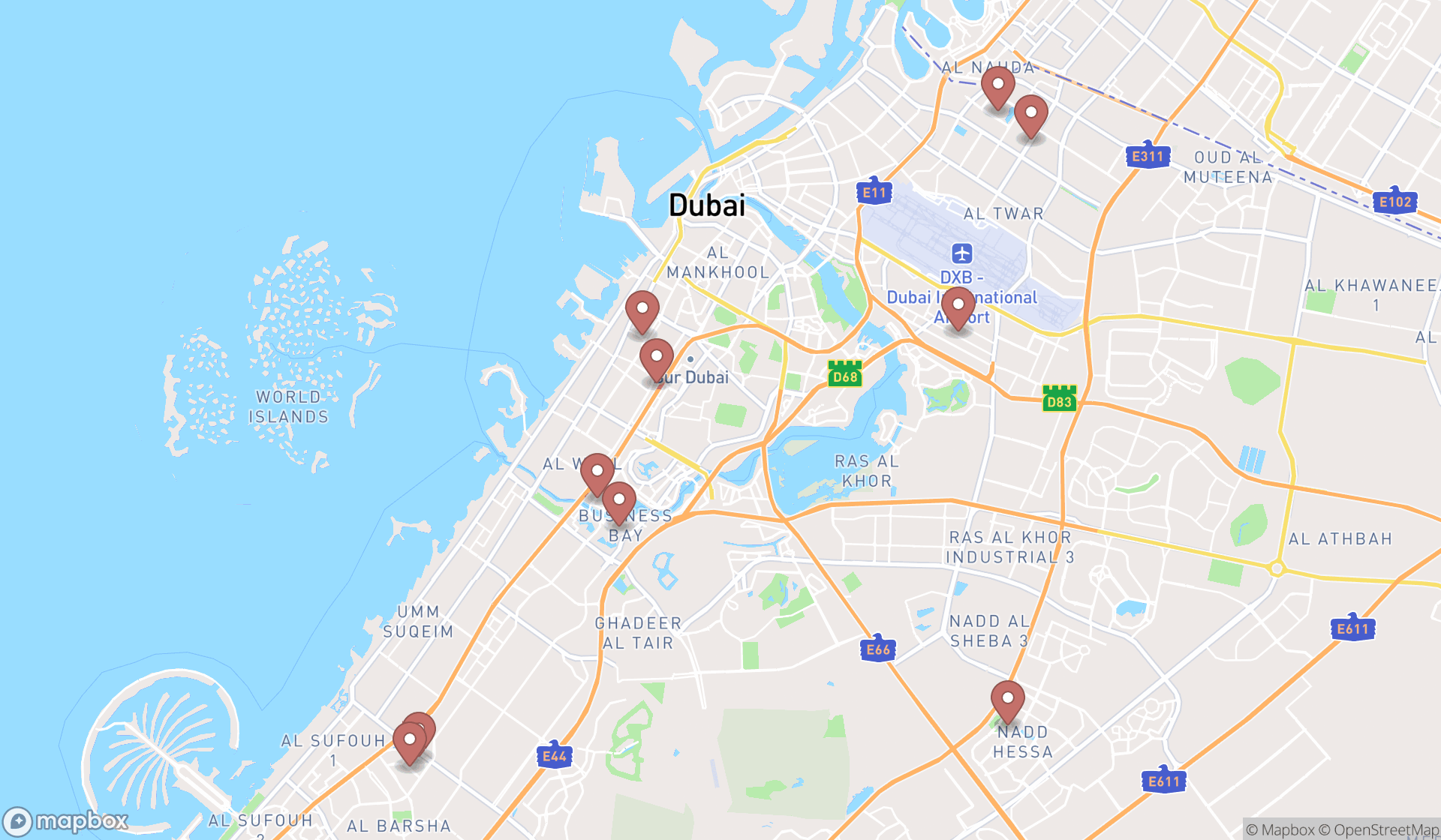 Map showing the search results in Dubai