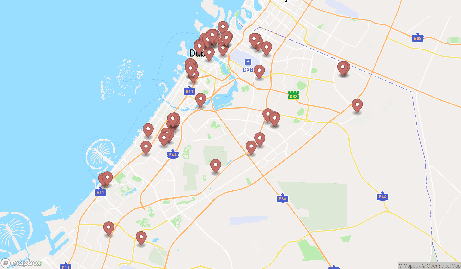 Map showing the search results in Dubai